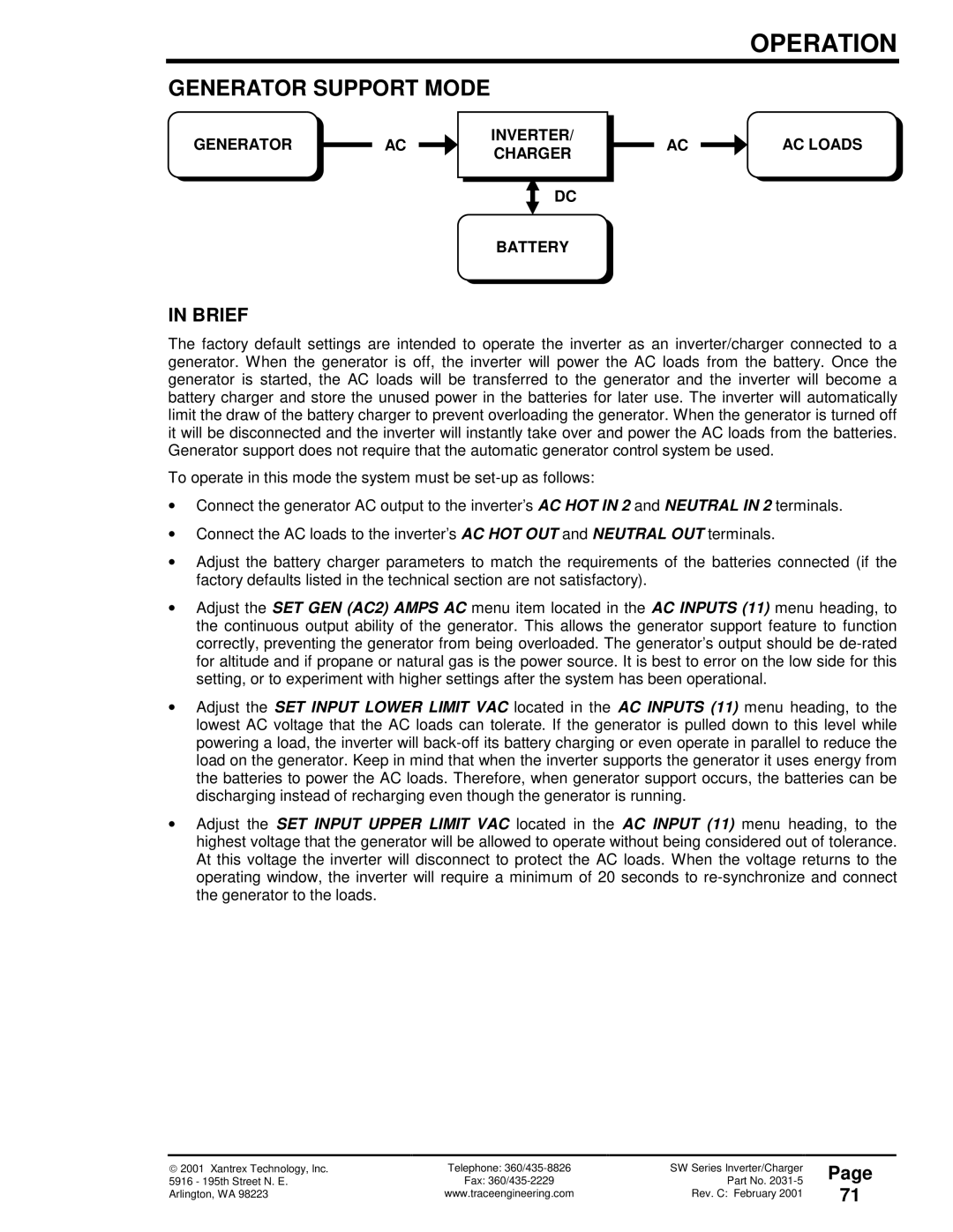 Xantrex Technology 120 VAC/60 owner manual Generator Support Mode, Generator Inverter Charger Battery AC Loads 