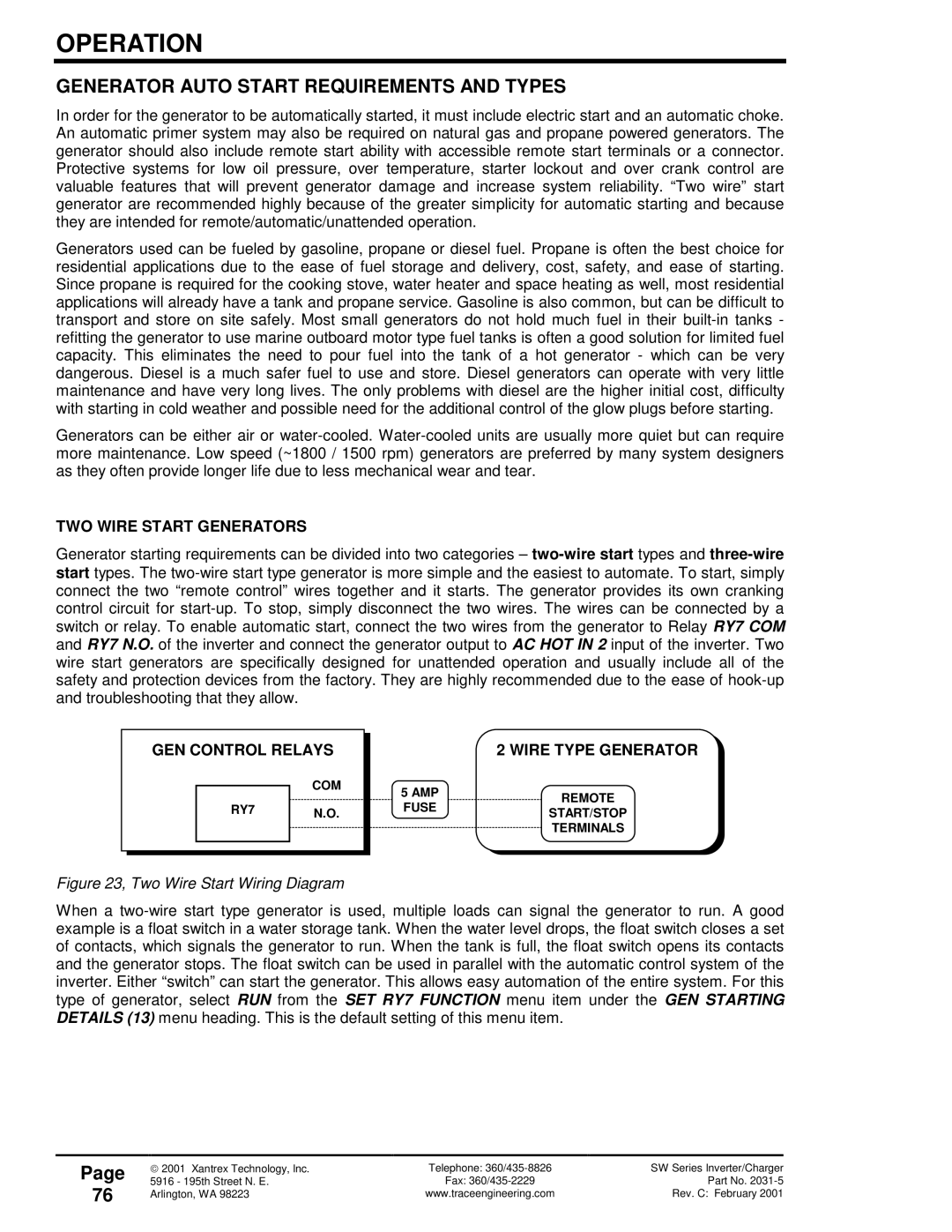 Xantrex Technology 120 VAC/60 Generator Auto Start Requirements and Types, TWO Wire Start Generators, GEN Control Relays 