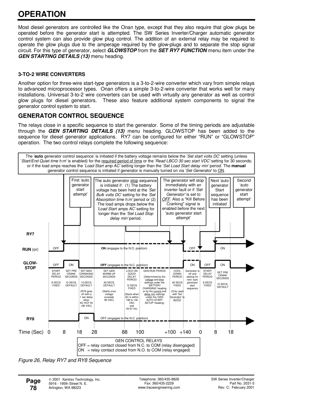 Xantrex Technology 120 VAC/60 owner manual Generator Control Sequence, TO-2 Wire Converters 