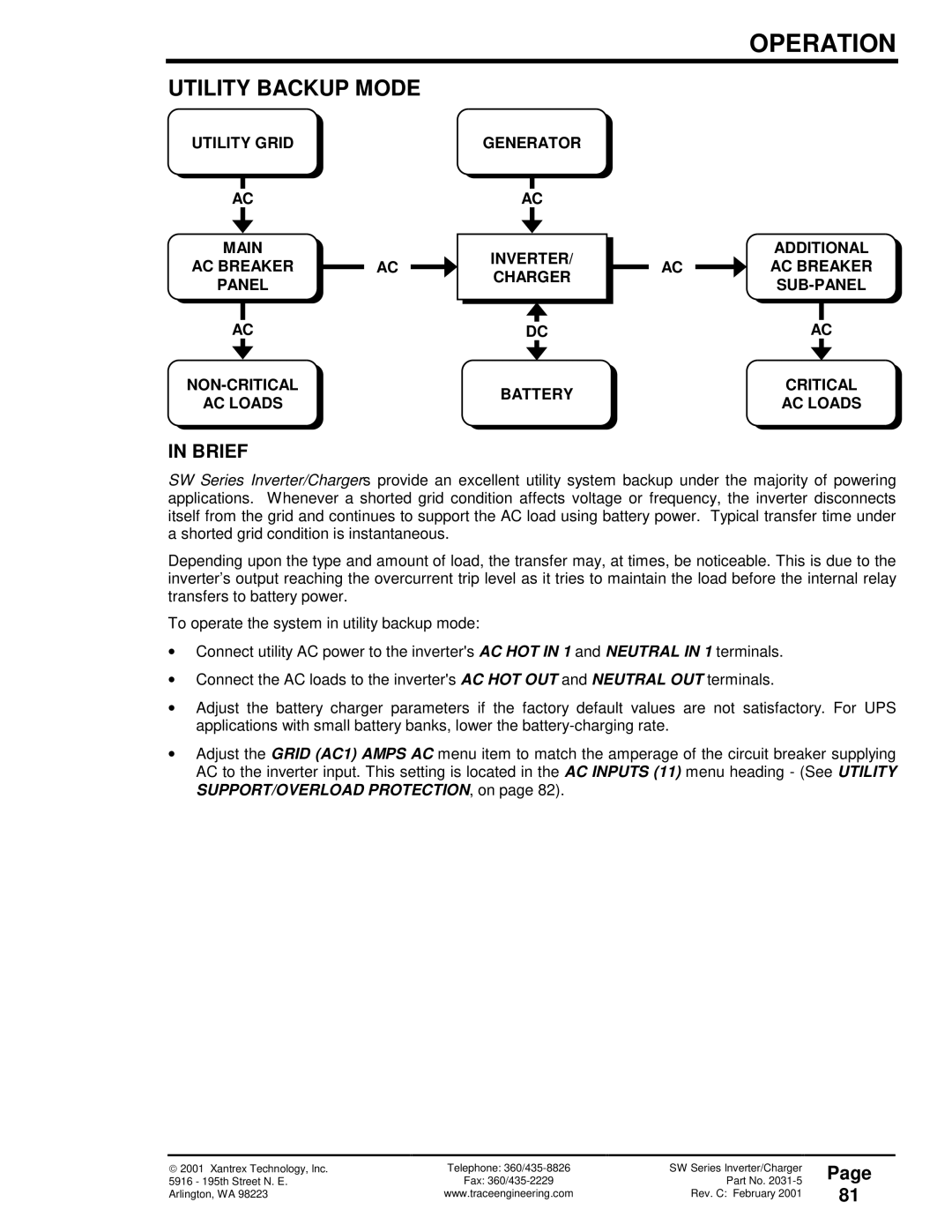 Xantrex Technology 120 VAC/60 owner manual Utility Backup Mode, Brief 