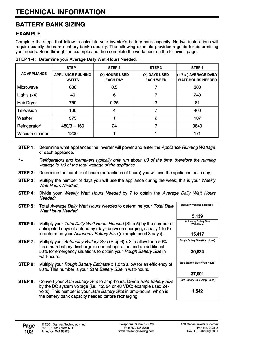 Xantrex Technology 120 VAC/60 owner manual Battery Bank Sizing, Example, Page, 5,139, 15,417, 30,834, 37,001, 1,542 