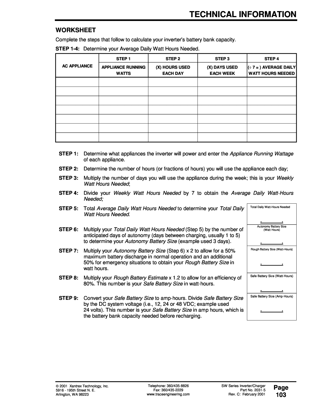 Xantrex Technology 120 VAC/60 owner manual Worksheet, Page 103, Technical Information, Watts 