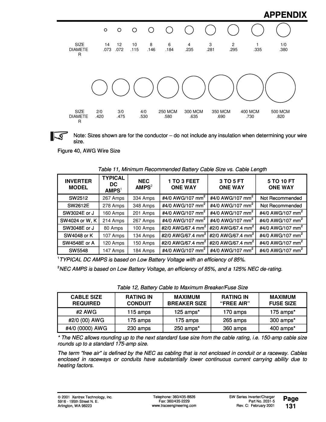 Xantrex Technology 120 VAC/60 Page 131, Minimum Recommended Battery Cable Size vs. Cable Length, NEC AMPS2, Appendix 