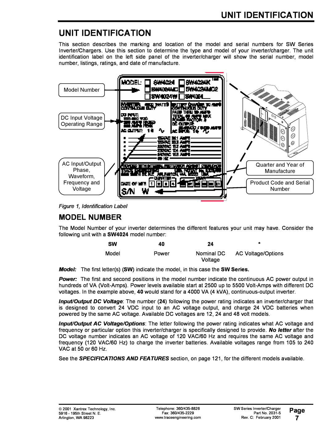 Xantrex Technology 120 VAC/60 Unit Identification Unit Identification, Model Number, Page, Identification Label 