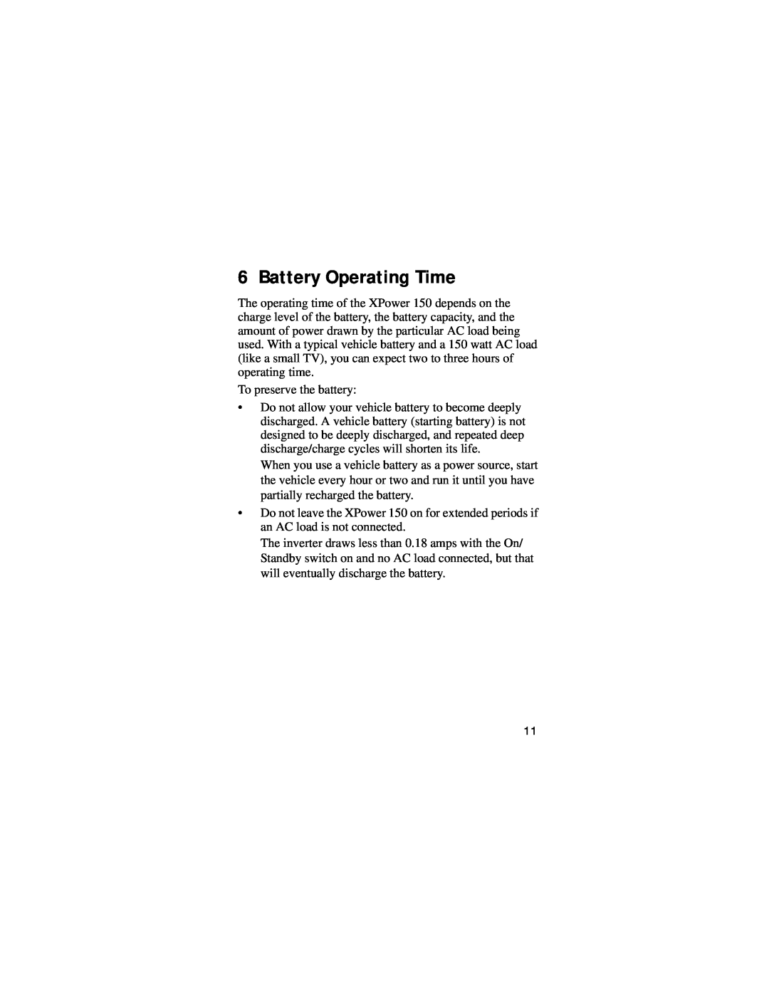 Xantrex Technology 150 manual Battery Operating Time 