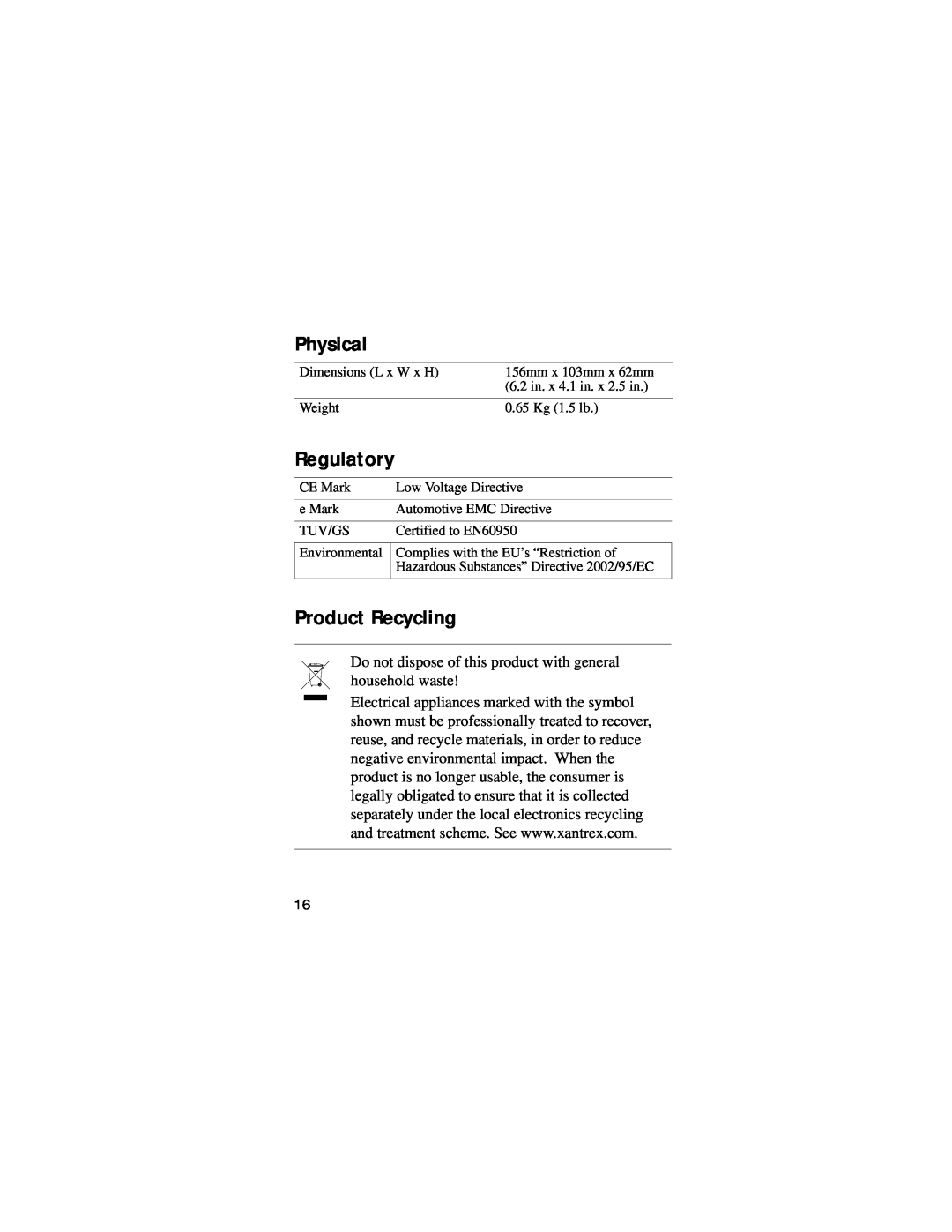 Xantrex Technology 150 manual Physical, Regulatory, Product Recycling 