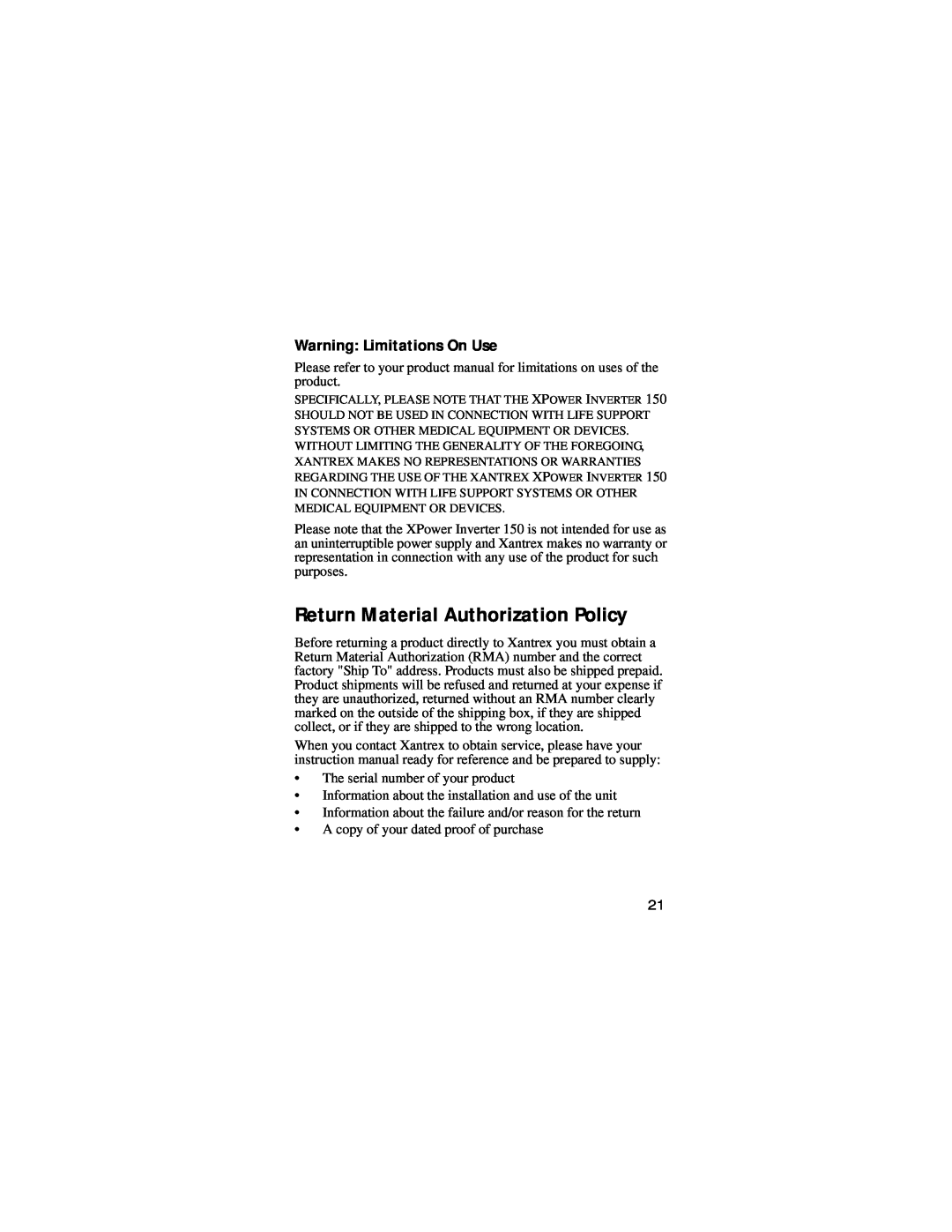 Xantrex Technology 150 manual Return Material Authorization Policy, Warning Limitations On Use 