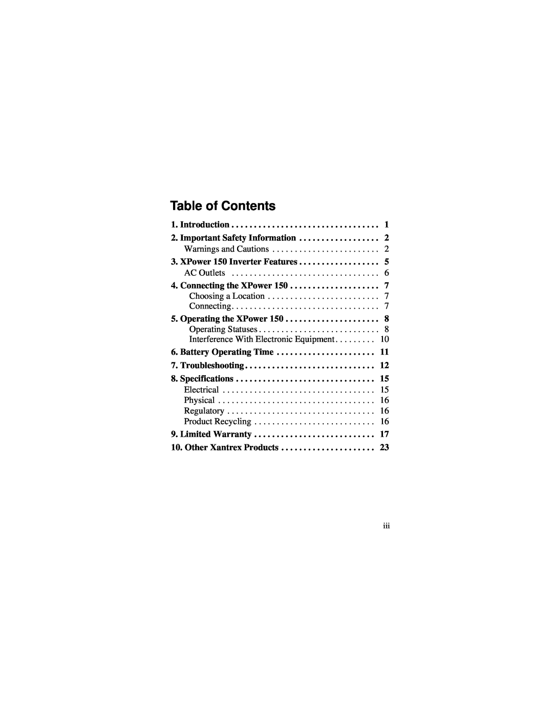 Xantrex Technology 150 manual Table of Contents 