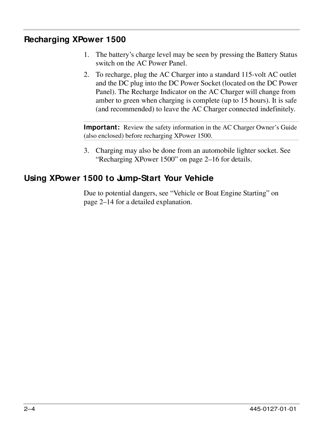 Xantrex Technology manual Recharging XPower, Using XPower 1500 to Jump-Start Your Vehicle 