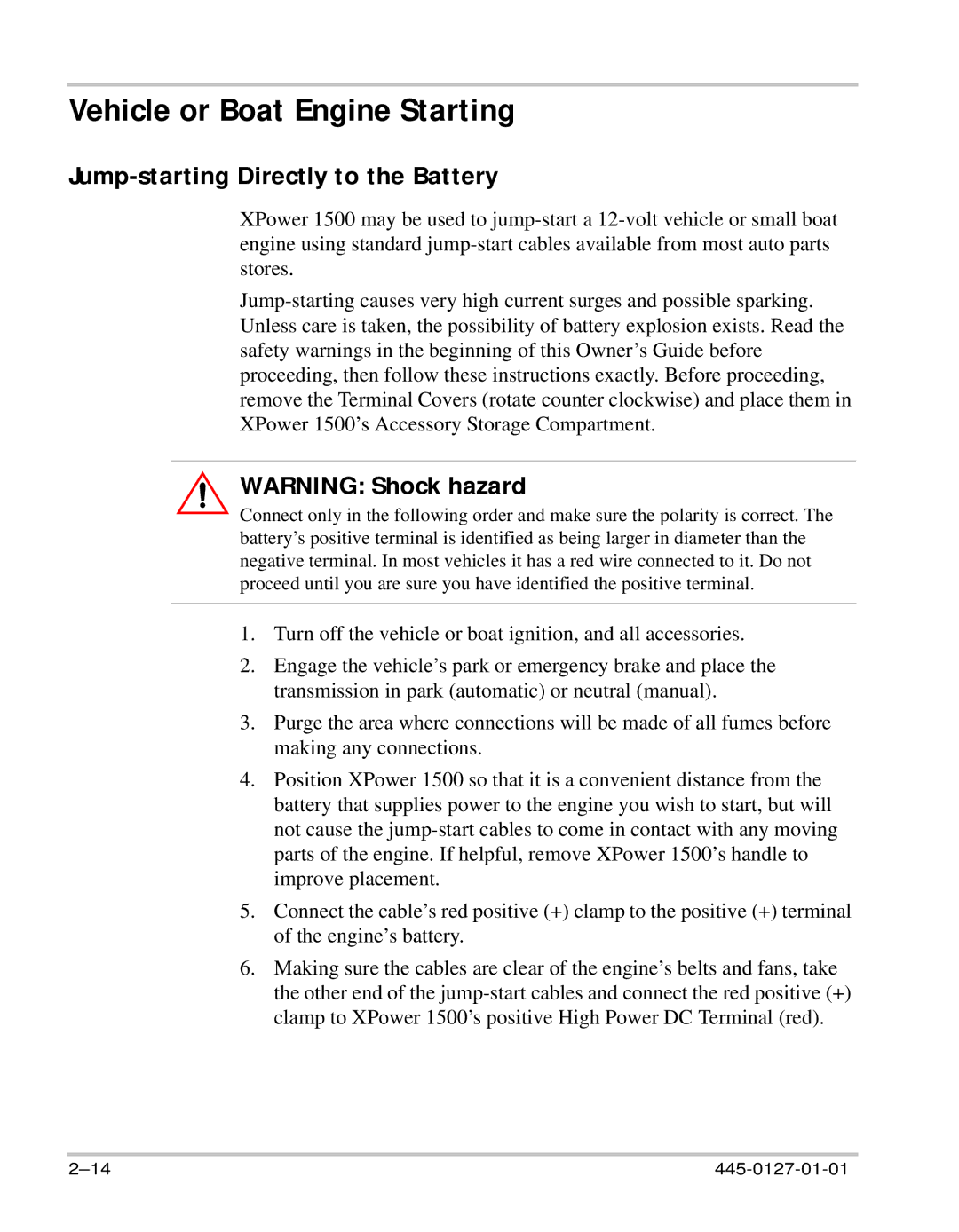 Xantrex Technology 1500 manual Vehicle or Boat Engine Starting, Jump-starting Directly to the Battery 