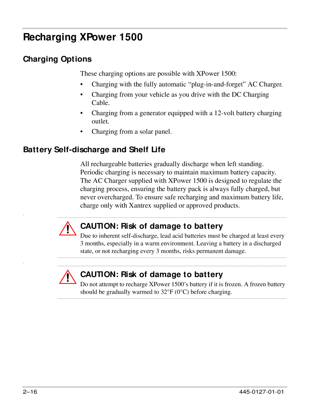 Xantrex Technology 1500 manual Recharging XPower, Charging Options, Battery Self-discharge and Shelf Life 