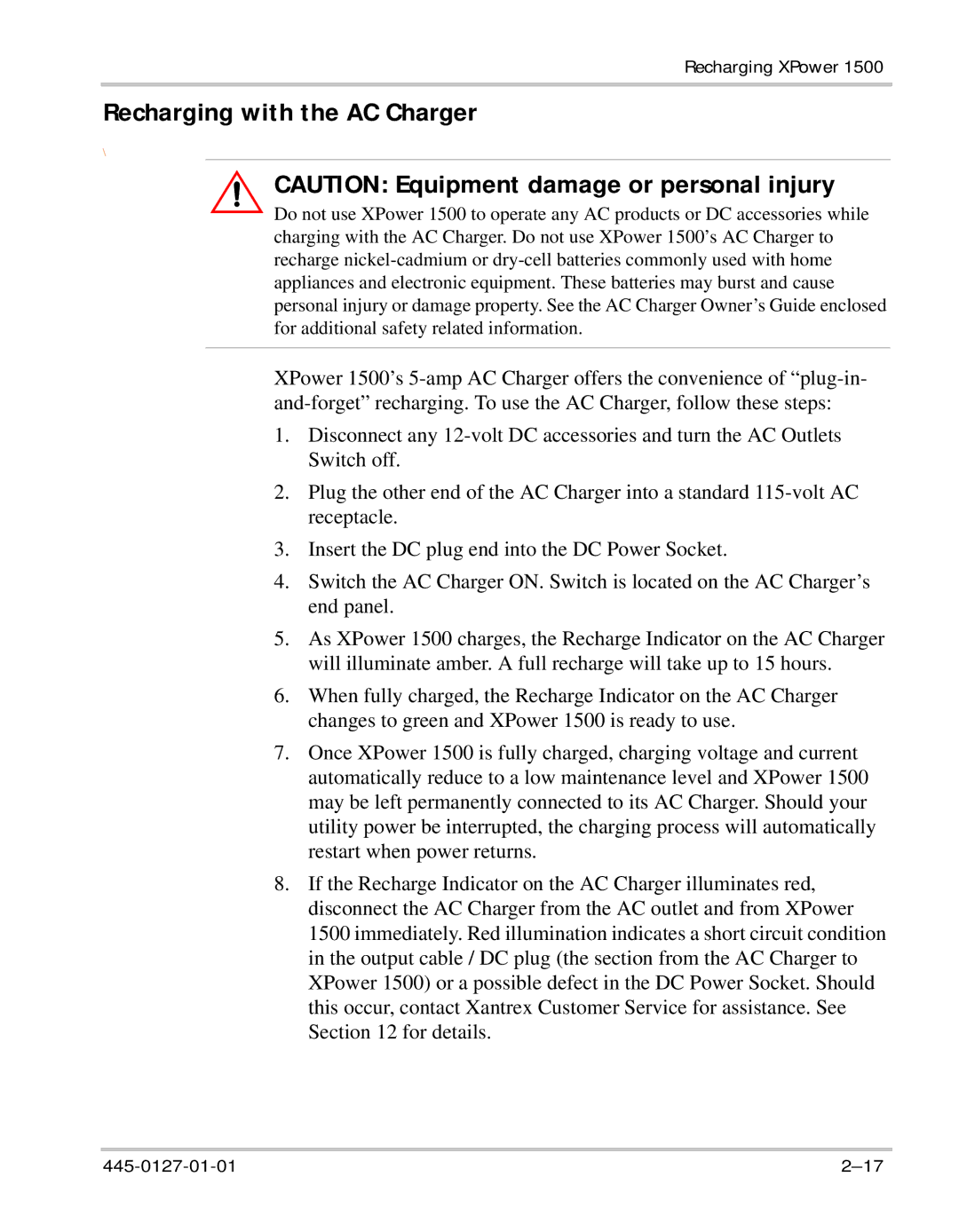 Xantrex Technology 1500 manual Recharging with the AC Charger 