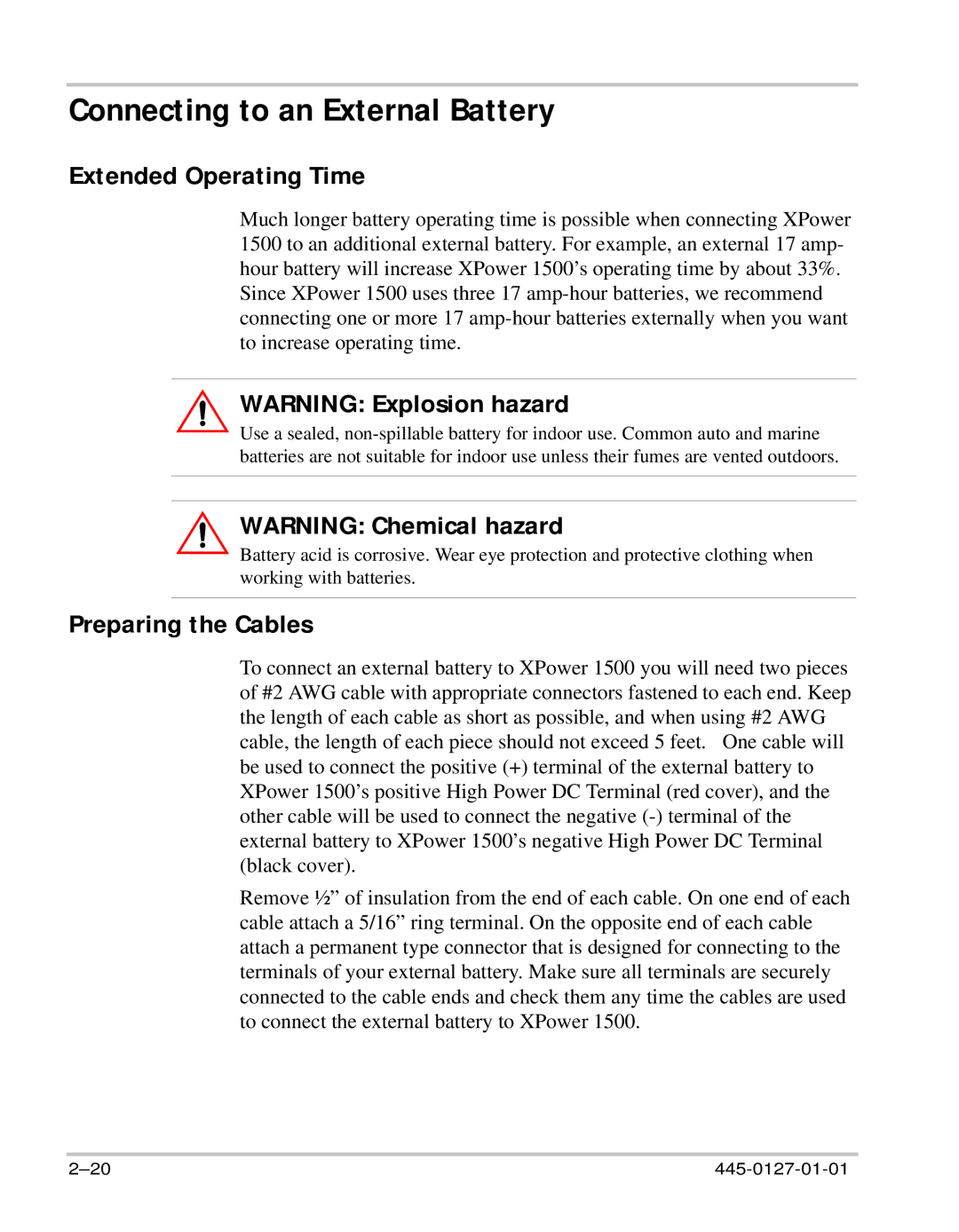 Xantrex Technology 1500 manual Connecting to an External Battery, Extended Operating Time, Preparing the Cables 