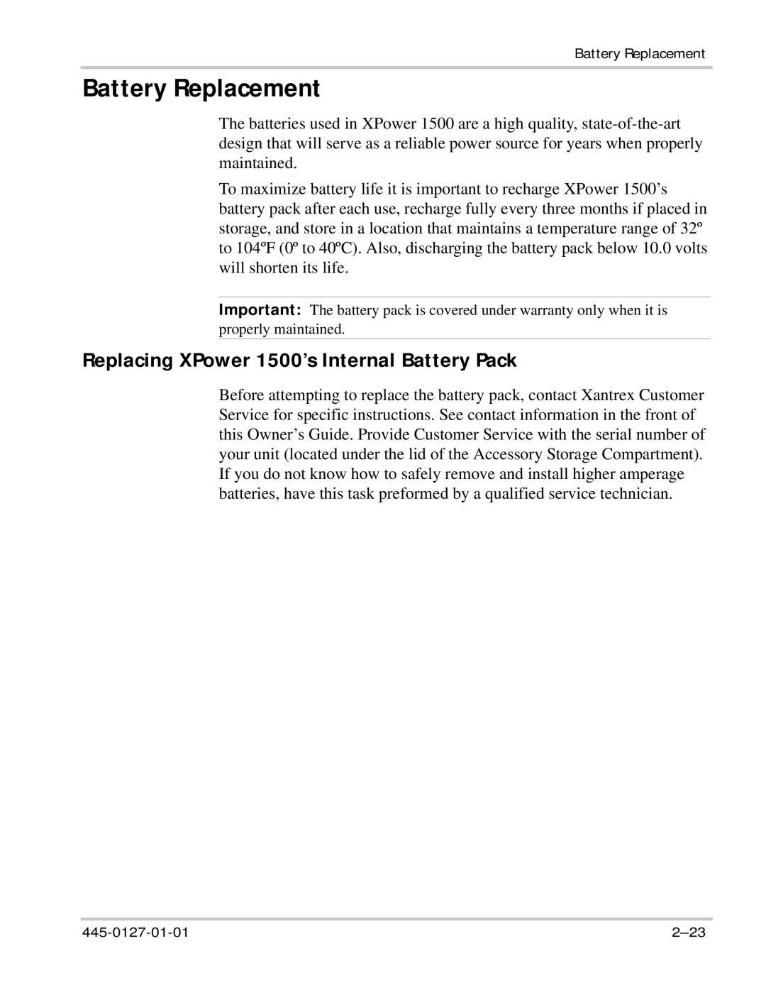 Xantrex Technology manual Battery Replacement, Replacing XPower 1500’s Internal Battery Pack 