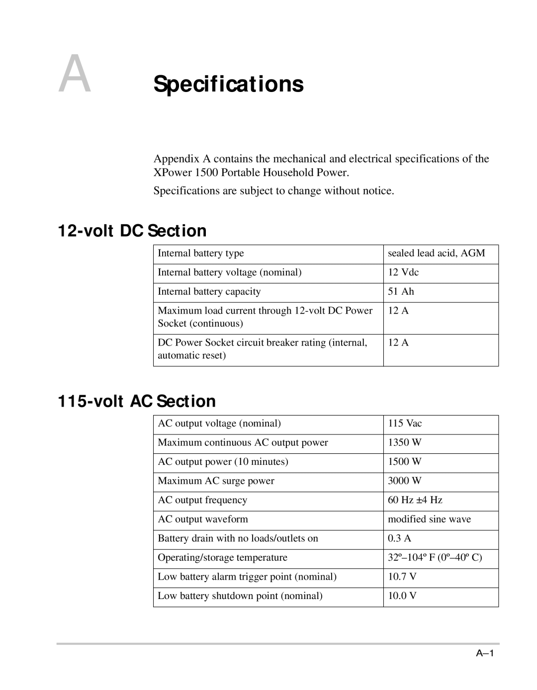 Xantrex Technology 1500 manual Specifications, Volt DC Section, Volt AC Section 