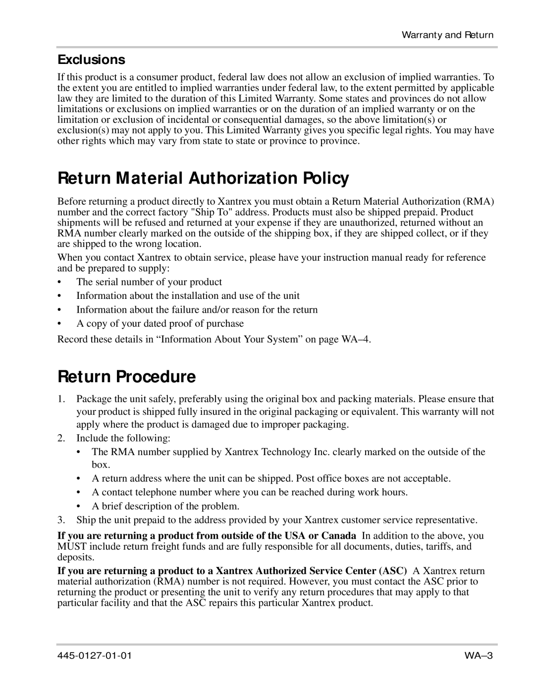 Xantrex Technology 1500 manual Return Material Authorization Policy, Return Procedure, Exclusions 