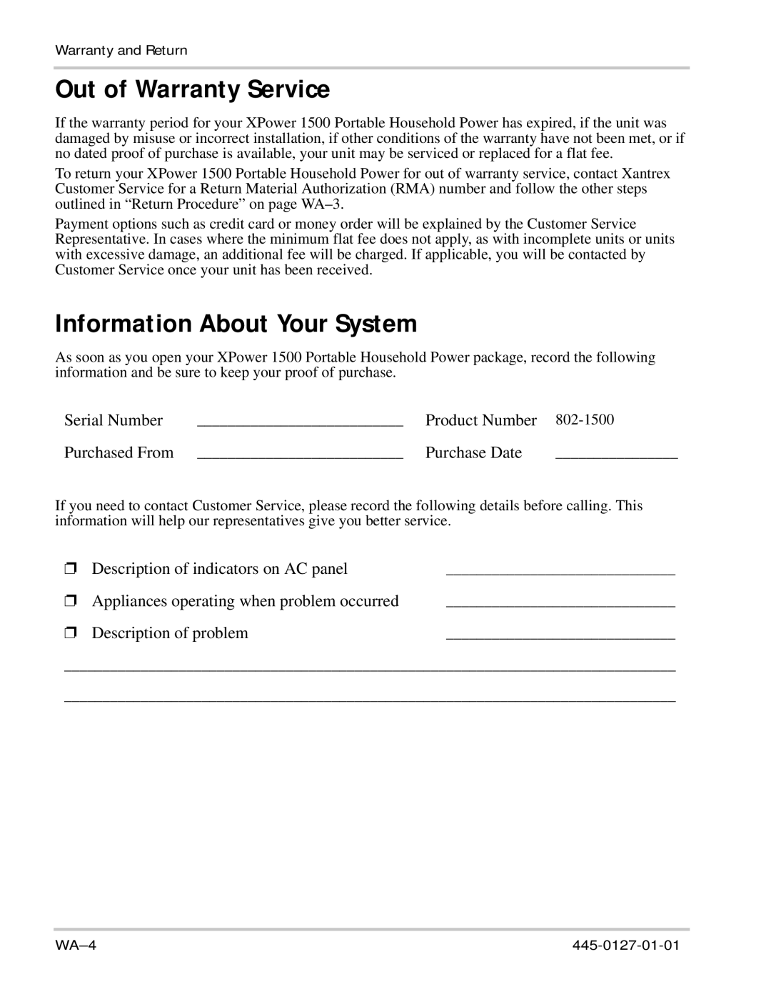 Xantrex Technology 1500 manual Out of Warranty Service, Information About Your System 