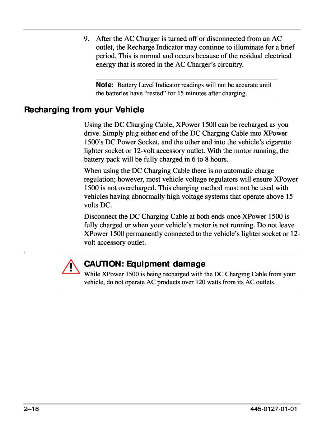 Xantrex Technology 1500 manual Recharging from your Vehicle, CAUTION Equipment damage, 2-18, 445-0127-01-01 