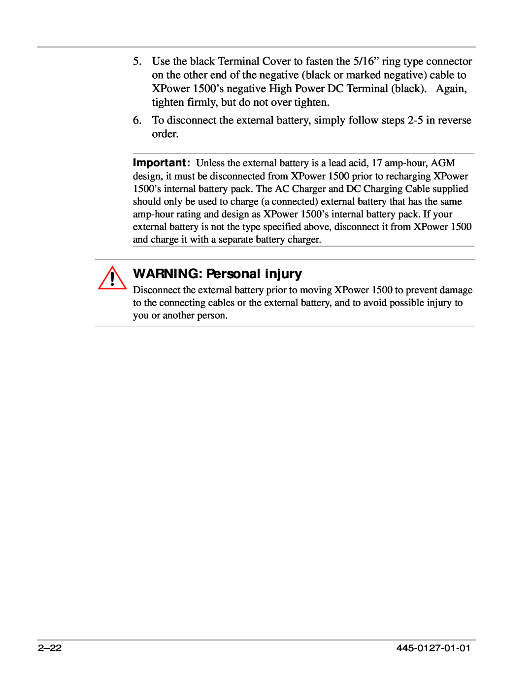Xantrex Technology 1500 manual WARNING Personal injury, 2-22, 445-0127-01-01 
