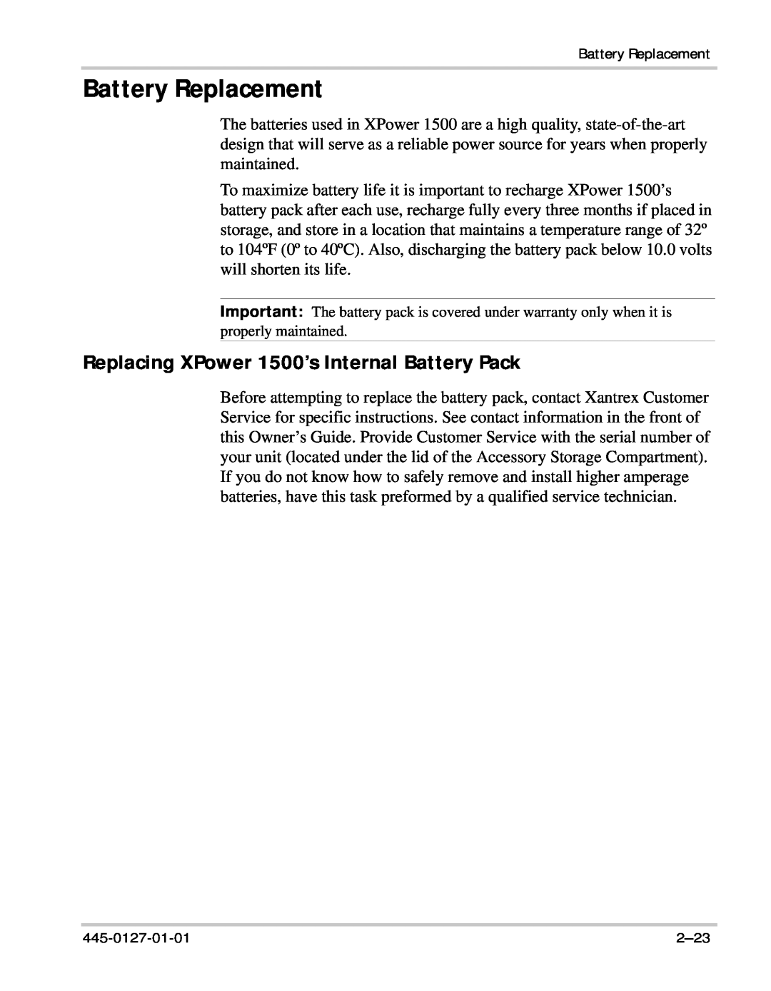 Xantrex Technology manual Battery Replacement, Replacing XPower 1500’s Internal Battery Pack 