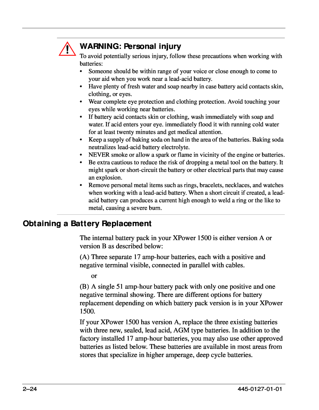 Xantrex Technology 1500 manual Obtaining a Battery Replacement, WARNING Personal injury 