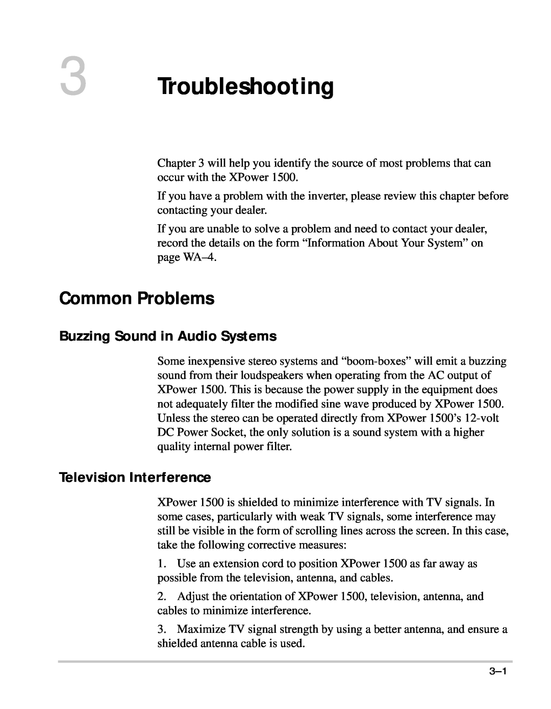 Xantrex Technology 1500 manual Troubleshooting, Common Problems, Buzzing Sound in Audio Systems, Television Interference 