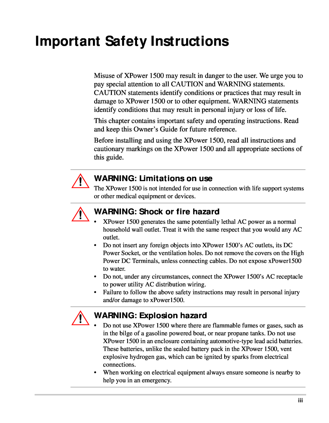 Xantrex Technology 1500 manual Important Safety Instructions, WARNING Limitations on use, WARNING Shock or fire hazard 