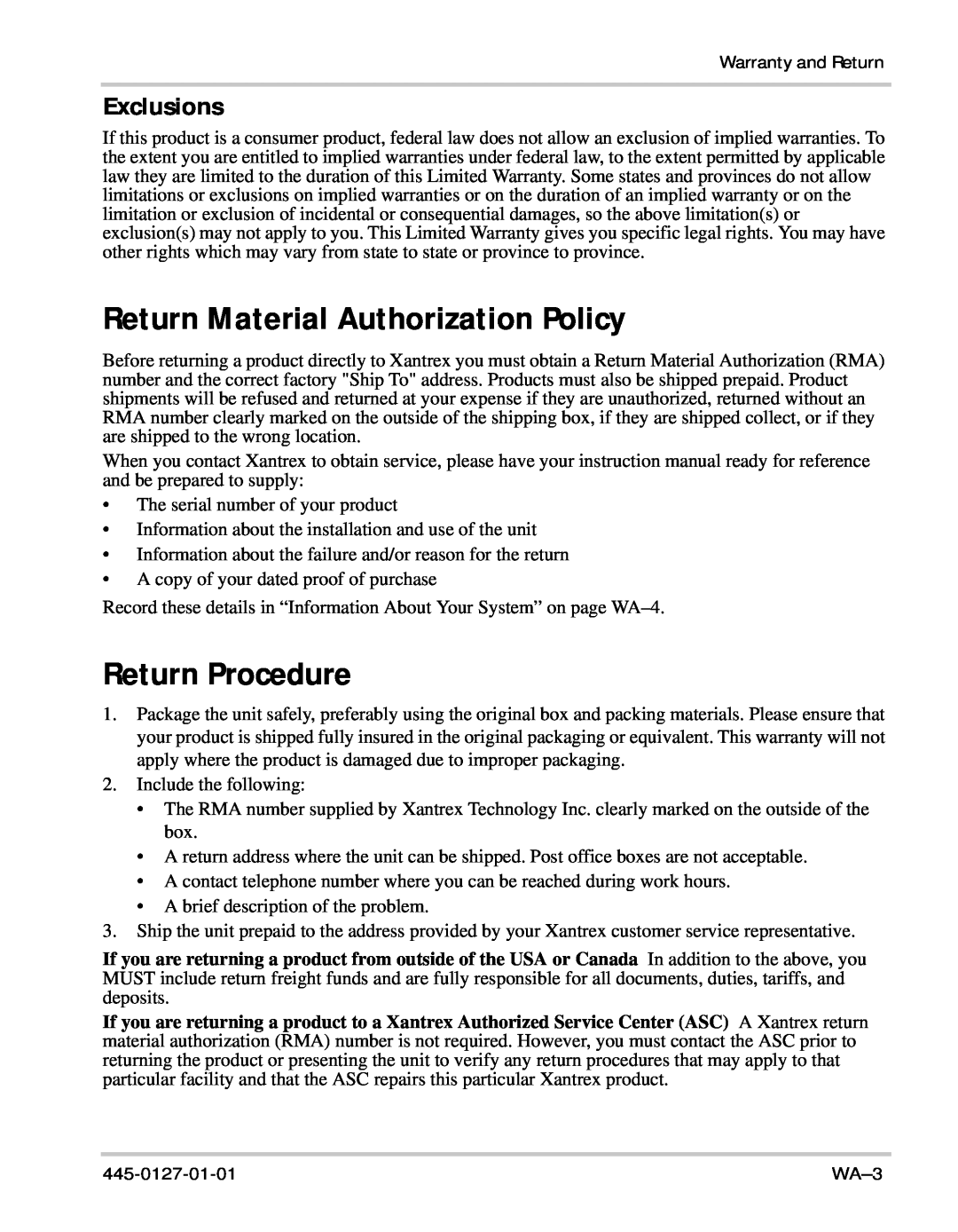 Xantrex Technology 1500 manual Return Material Authorization Policy, Return Procedure, Exclusions 