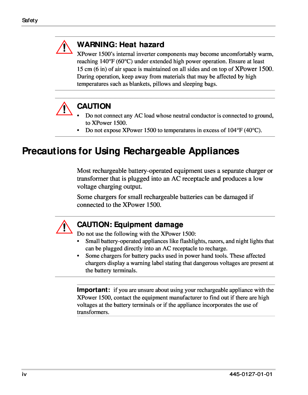 Xantrex Technology 1500 manual Precautions for Using Rechargeable Appliances, WARNING Heat hazard, CAUTION Equipment damage 