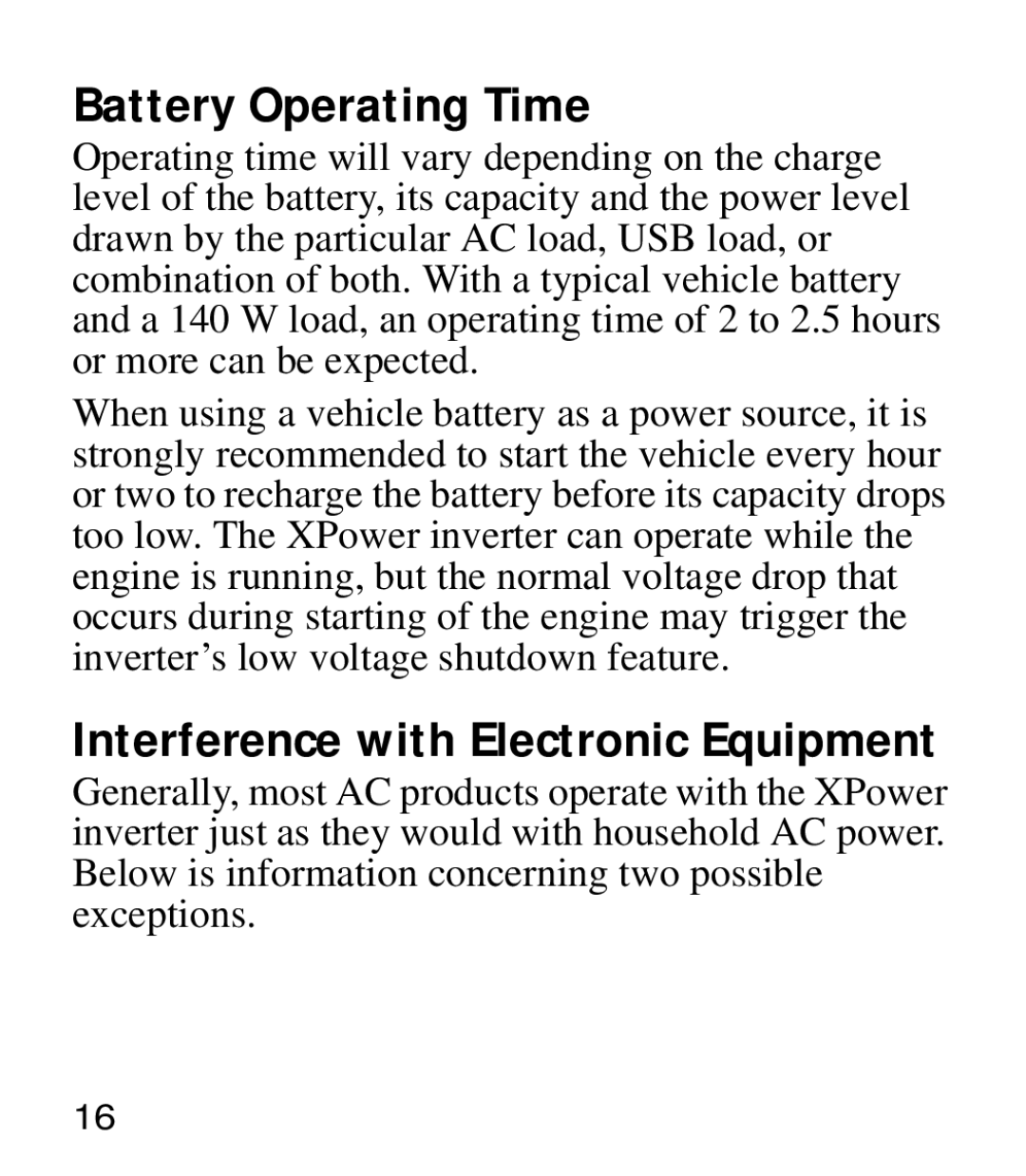 Xantrex Technology 175 manual Battery Operating Time, Interference with Electronic Equipment 