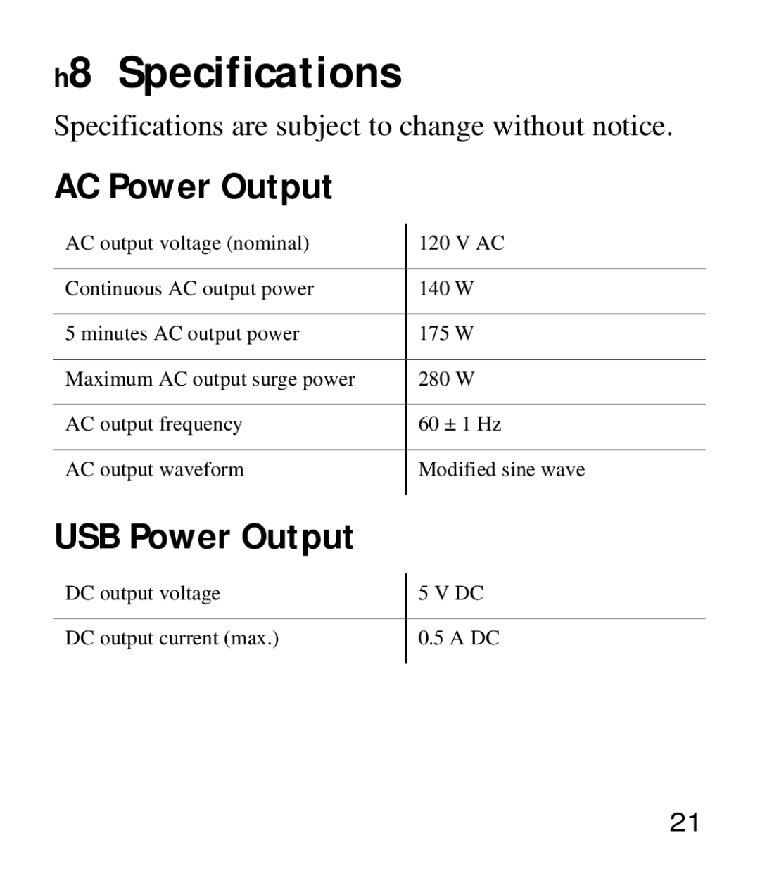 Xantrex Technology 175 manual H8 Specifications, AC Power Output, USB Power Output 