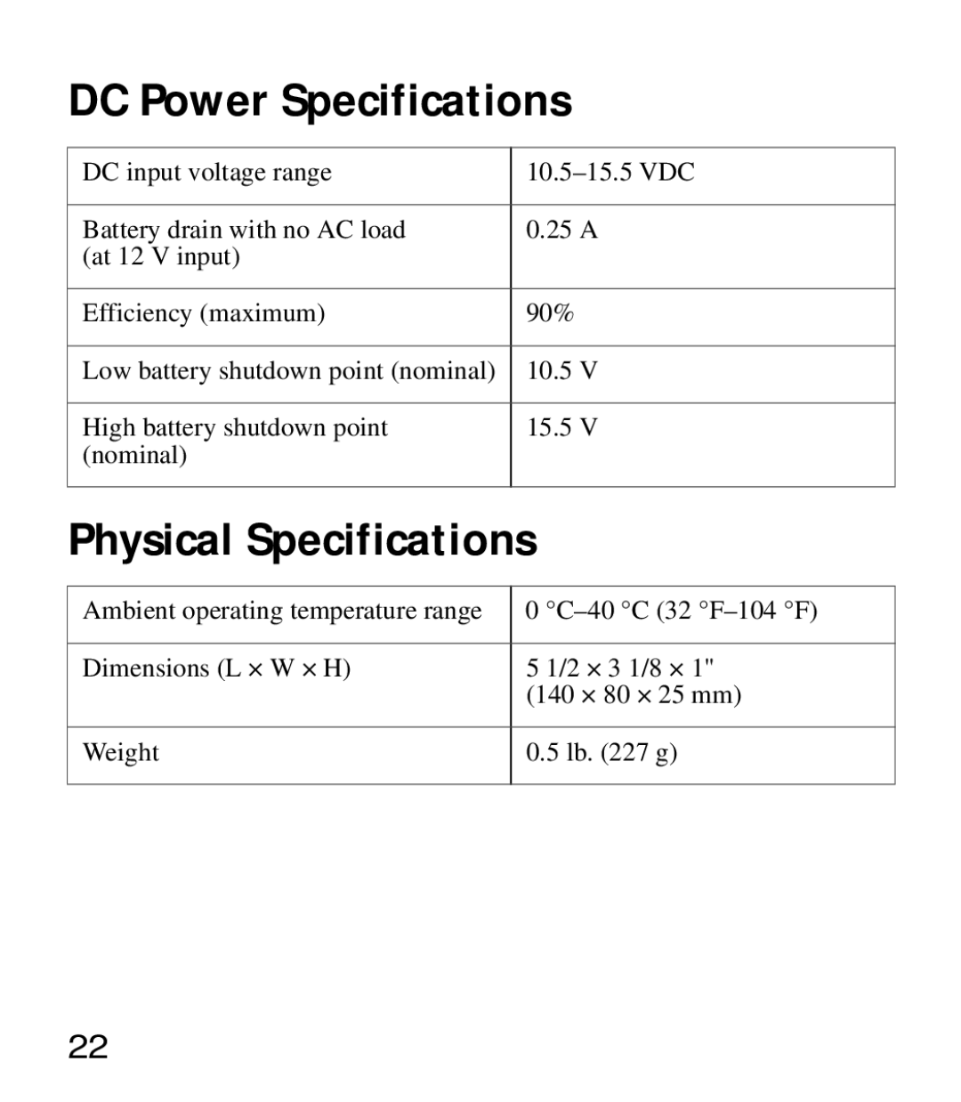 Xantrex Technology 175 manual DC Power Specifications, Physical Specifications 