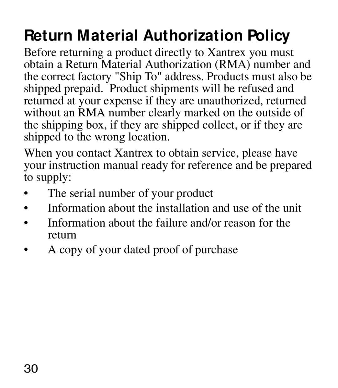 Xantrex Technology 175 manual Return Material Authorization Policy 