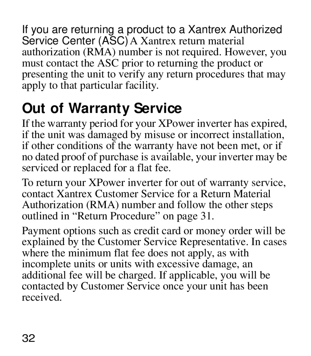 Xantrex Technology 175 manual Out of Warranty Service 