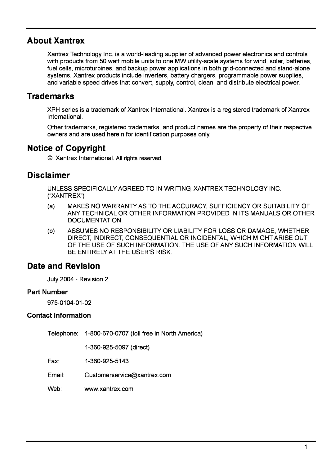 Xantrex Technology 18V 10A About Xantrex, Trademarks, Notice of Copyright, Disclaimer, Date and Revision, Part Number 