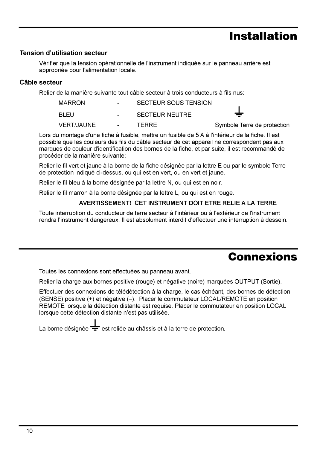 Xantrex Technology 18V 10A manual Connexions, Tension d’utilisation secteur, Câble secteur 