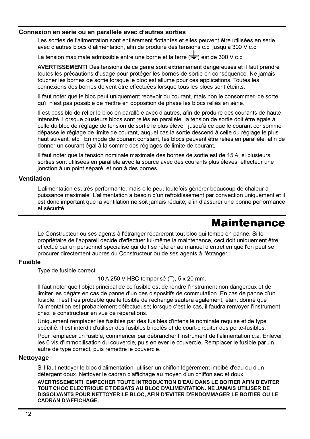 Xantrex Technology 18V 10A manual Connexion en série ou en parallèle avec d’autres sorties, Fusible, Nettoyage 