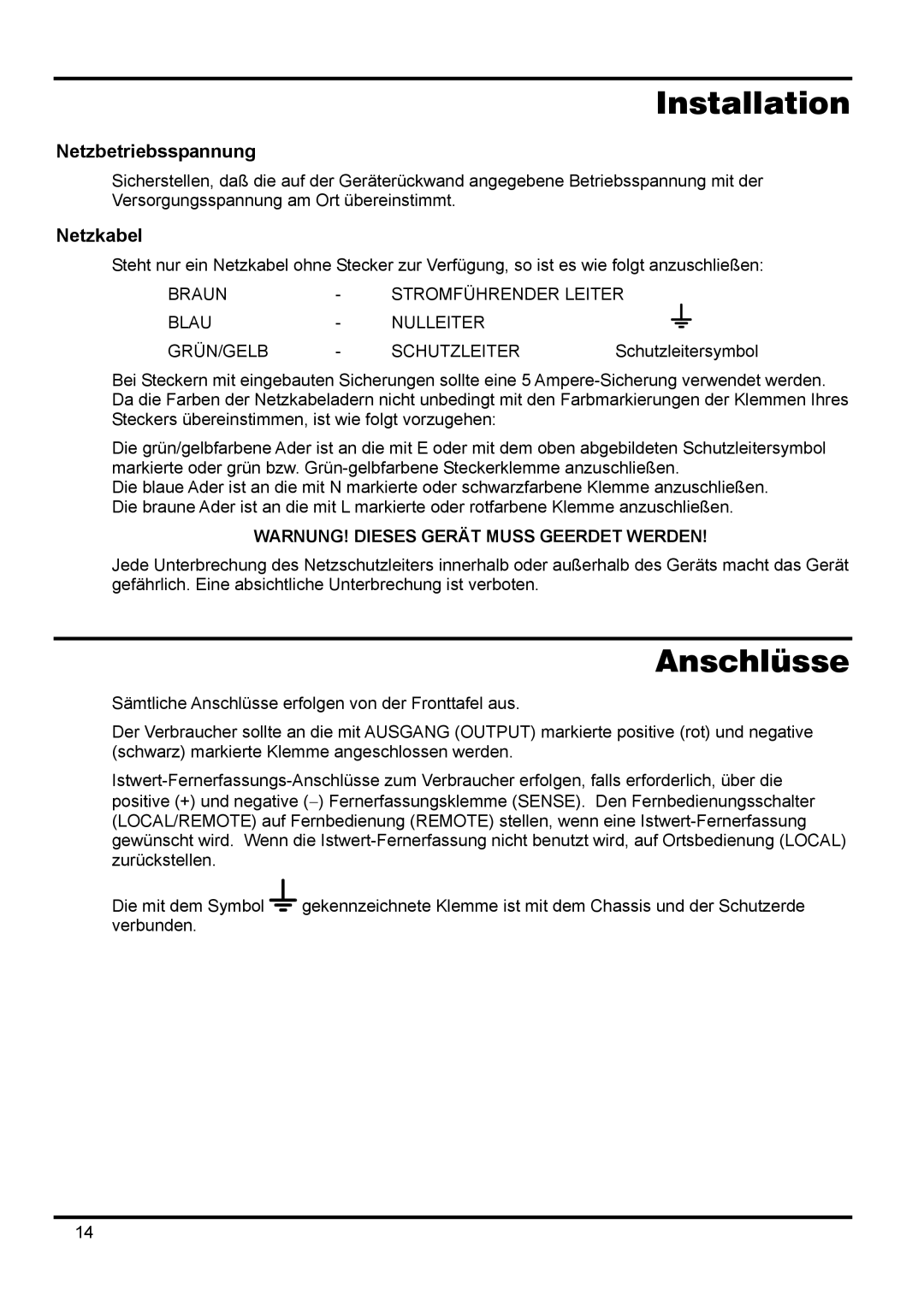 Xantrex Technology 18V 10A manual Anschlüsse, Netzbetriebsspannung, Netzkabel 