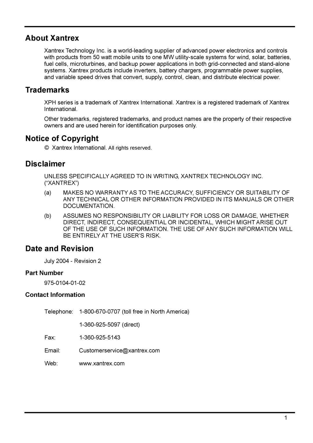 Xantrex Technology 18V 10A manual Part Number, Contact Information 