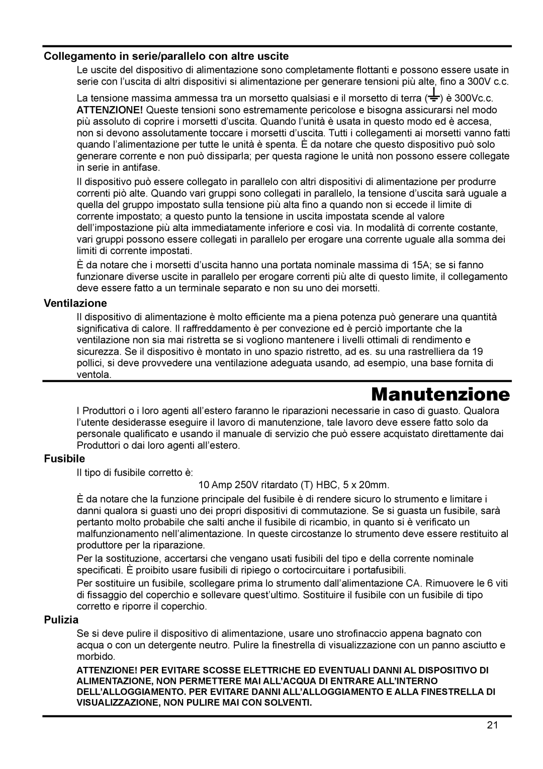 Xantrex Technology 18V 10A Manutenzione, Collegamento in serie/parallelo con altre uscite, Ventilazione, Fusibile, Pulizia 