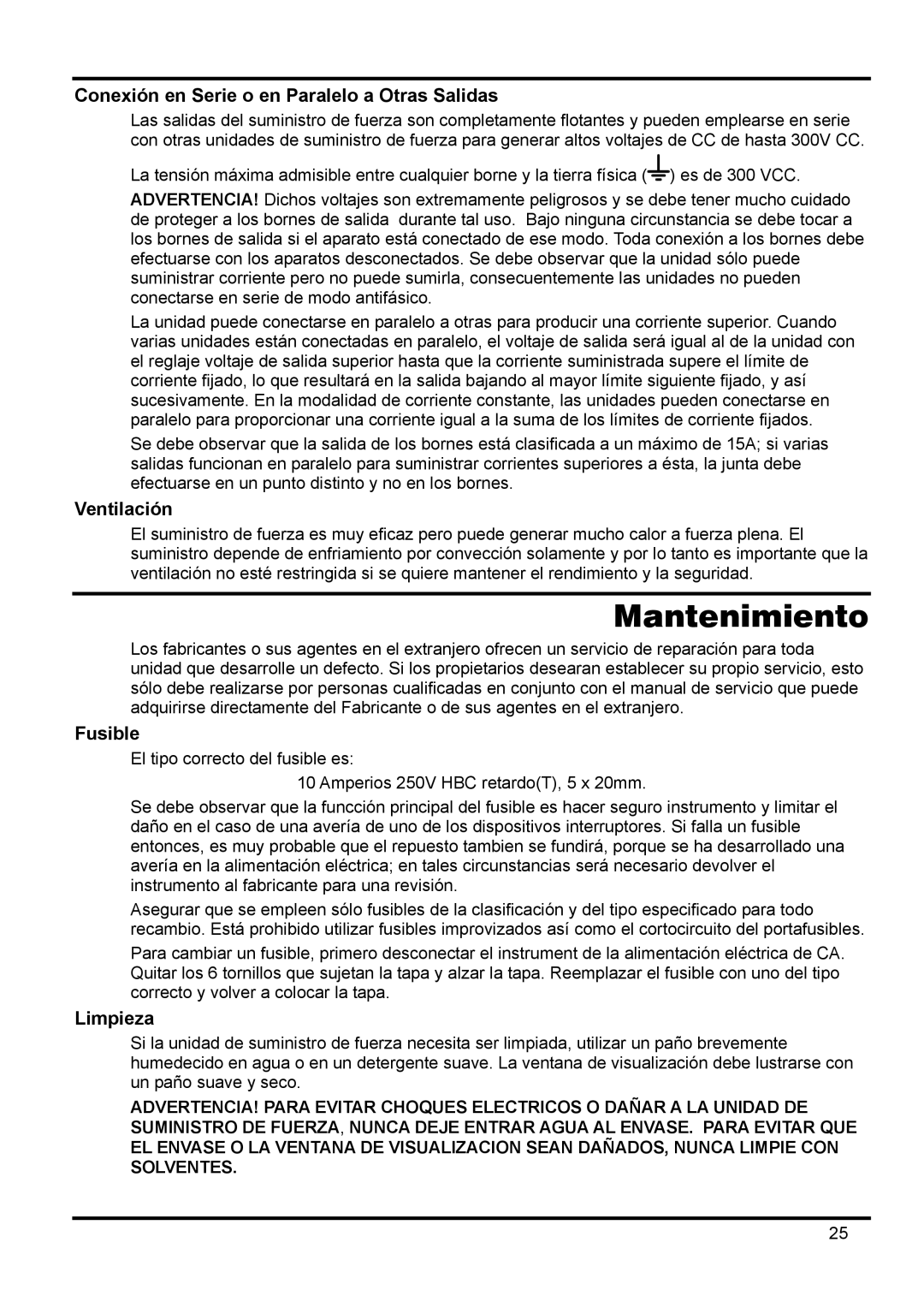 Xantrex Technology 18V 10A manual Mantenimiento, Conexión en Serie o en Paralelo a Otras Salidas, Ventilación, Limpieza 