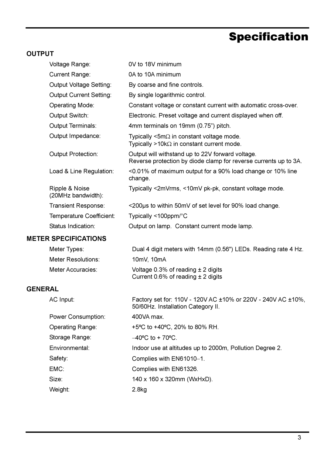 Xantrex Technology 18V 10A manual Specification, Output 