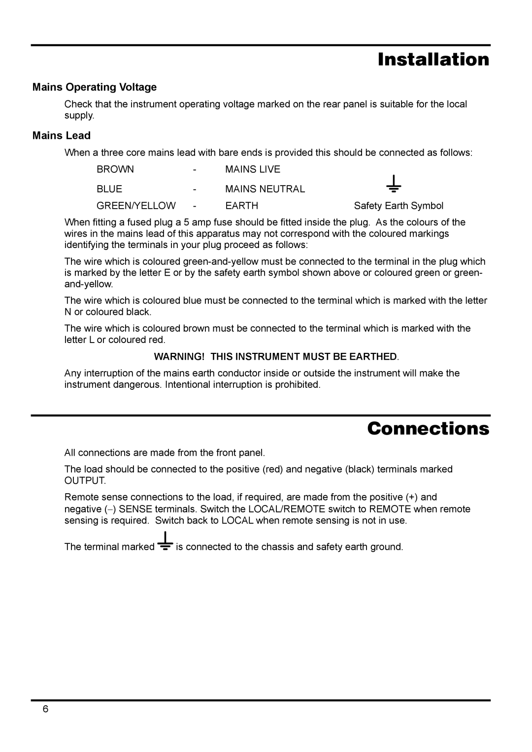 Xantrex Technology 18V 10A manual Installation, Connections, Mains Operating Voltage, Mains Lead 