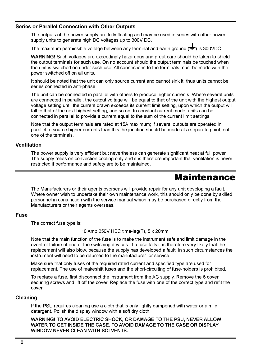 Xantrex Technology 18V 10A Maintenance, Series or Parallel Connection with Other Outputs, Ventilation, Fuse, Cleaning 