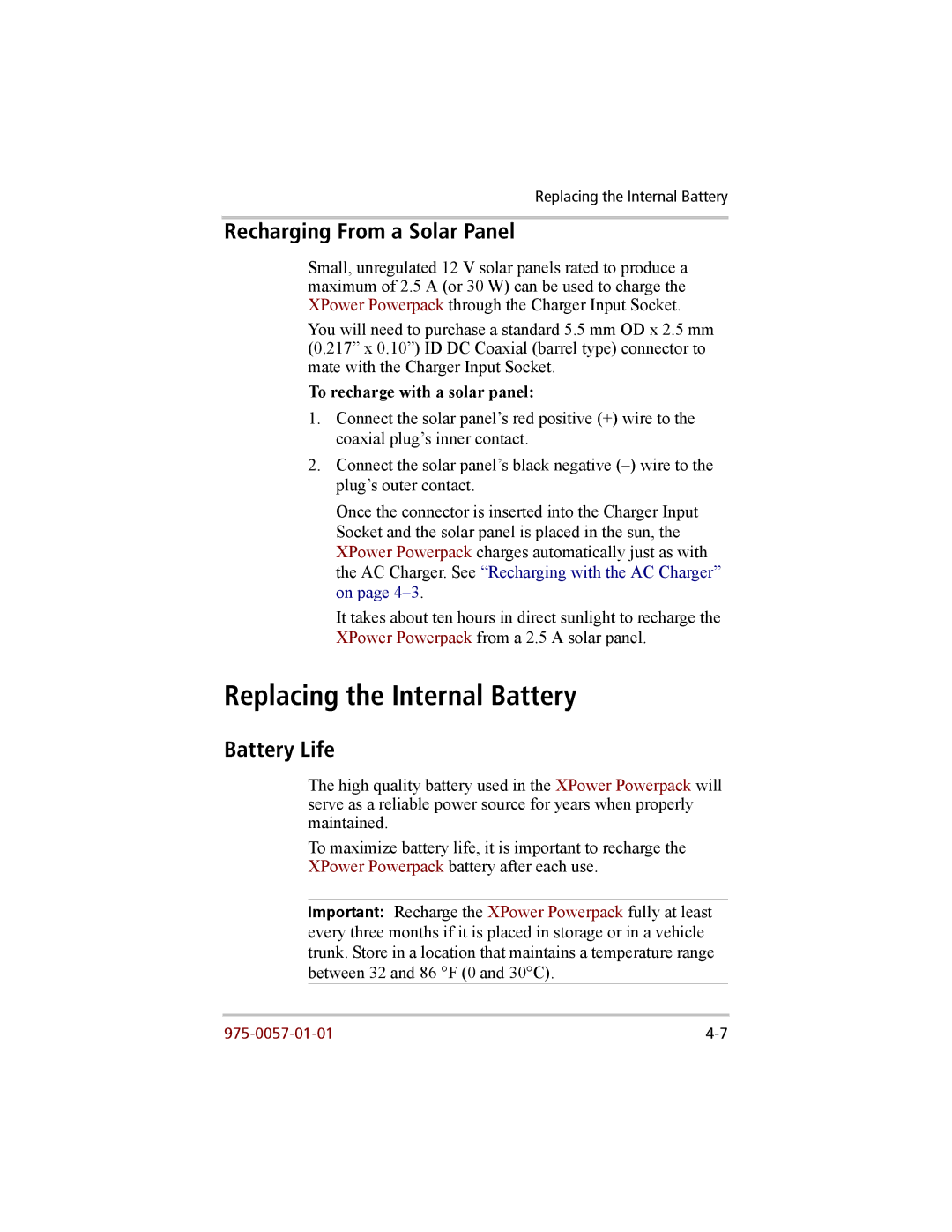 Xantrex Technology 200 manual Replacing the Internal Battery, Recharging From a Solar Panel, Battery Life 