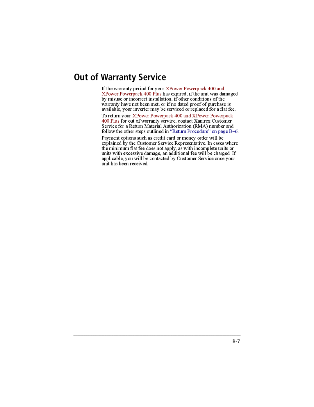 Xantrex Technology 200 manual Out of Warranty Service 