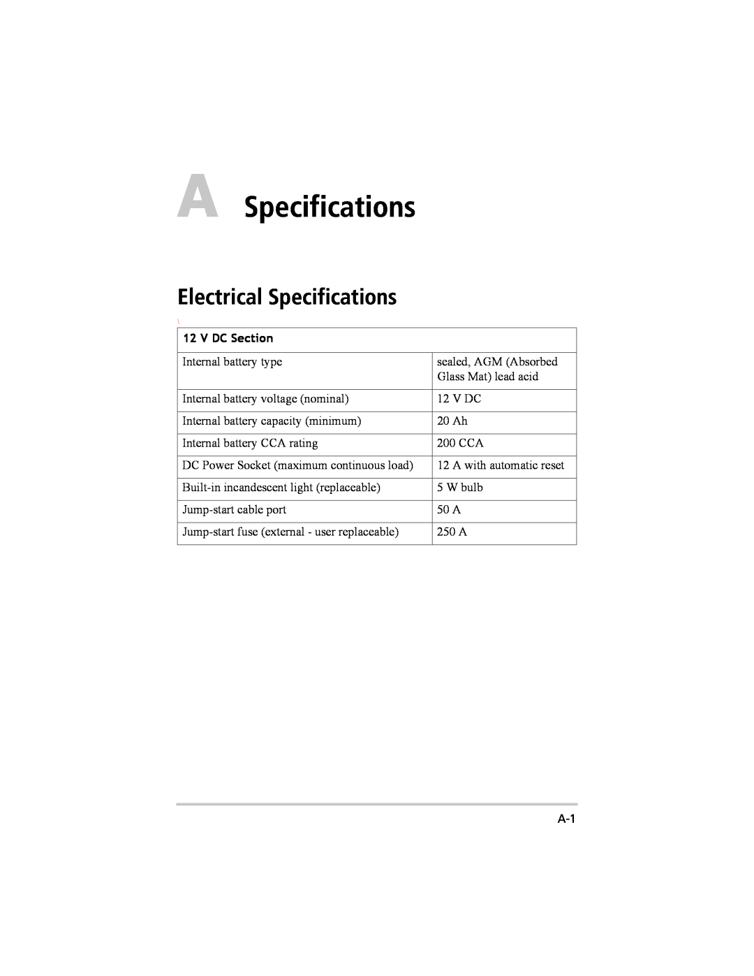 Xantrex Technology 200 manual A Specifications, Electrical Specifications, V DC Section 