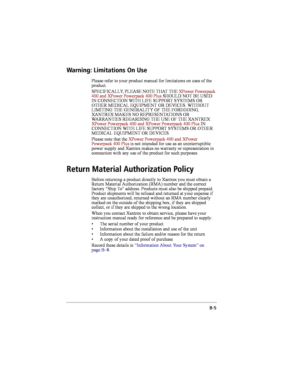 Xantrex Technology 200 manual Return Material Authorization Policy, Warning Limitations On Use 