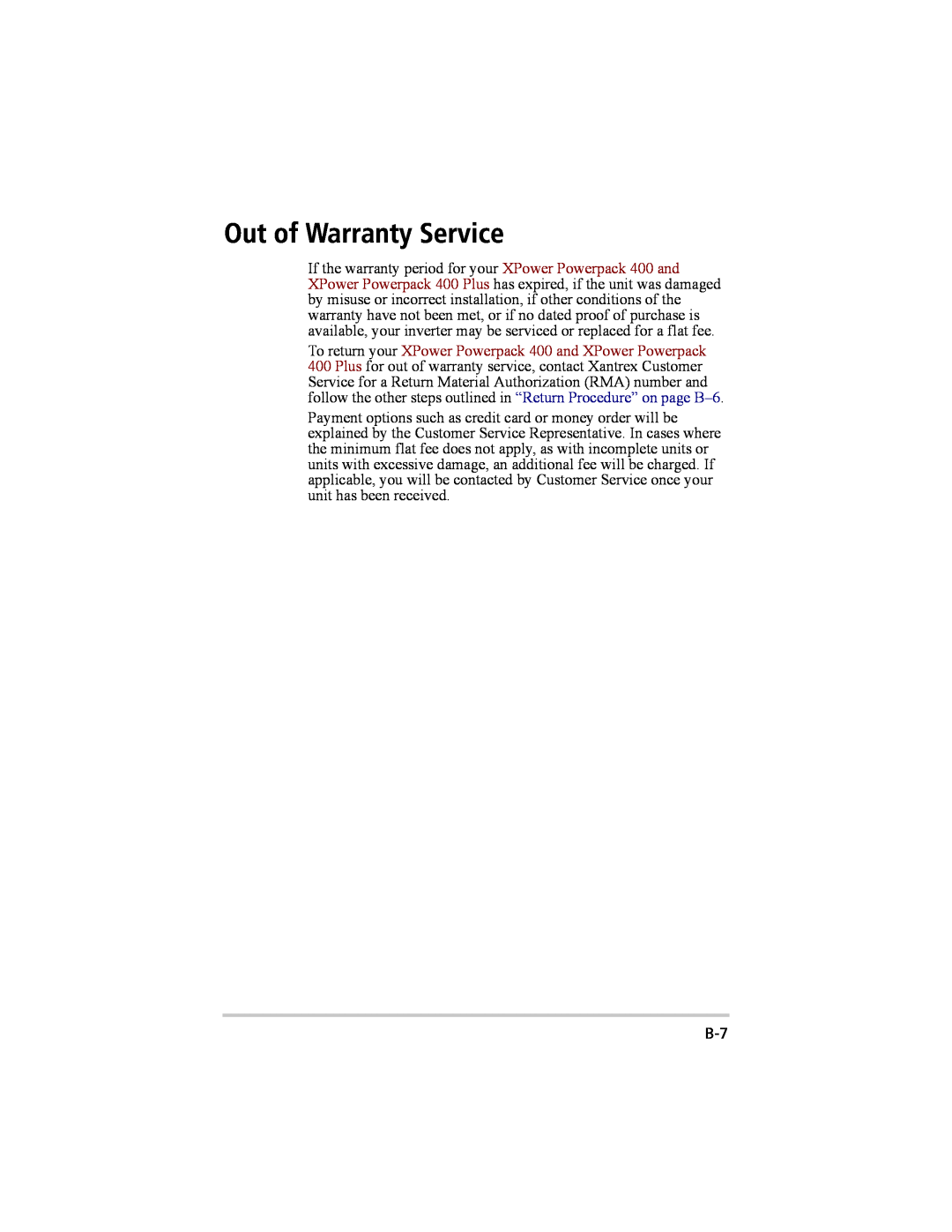 Xantrex Technology 200 manual Out of Warranty Service 