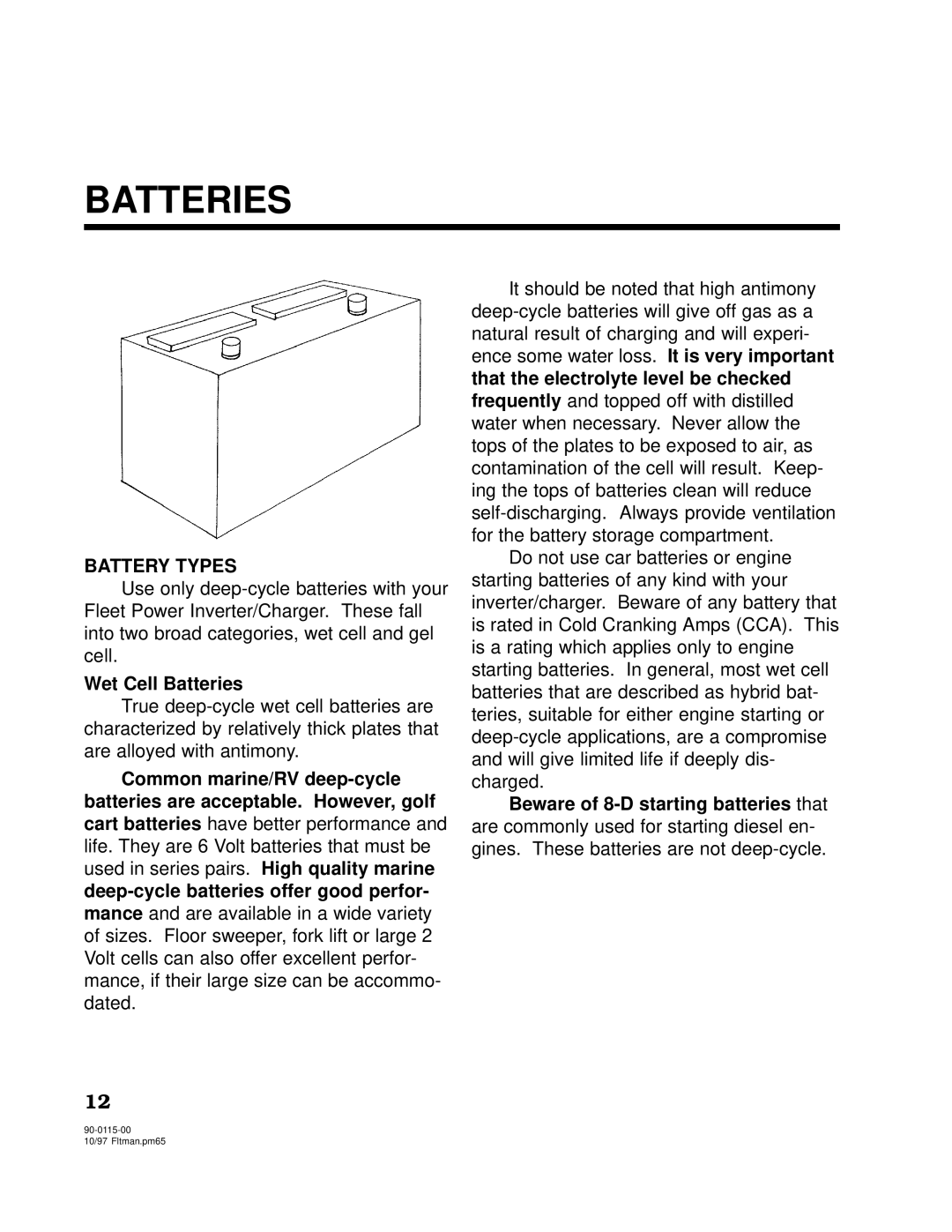 Xantrex Technology 2500, 2000 owner manual Wet Cell Batteries 